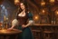 Placeholder: A young woman with pale skin and long brown hair in a fantasy tavern setting with intricate details. She is a tavern wench who is serving alcohol to a party of adventurers. High definition.