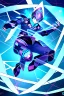 Placeholder: neon blue, flying parts of armor in form of triangles, cyber armor, geometric patterns on armor, male, orbiting triangle