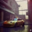 Placeholder: 3d rendering. futuristic steampunk yellow car. Tokio background. Lost in Time