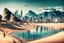 Placeholder: Modern city, people, mountains, sand, rocks