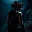 Placeholder: a beautiful dark haired tiefling woman in a sleeveless battle outfit, seen from the back, at the edge of a precipice in the dark, ready to jump, photo quality, dark colors