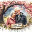 Placeholder: A vibrant watercolor wash splash art style portrait of a joyful elderly couple, their faces radiating happiness, sheltering beneath the blossoming branches of an old cherry tree. The man, with a neatly trimmed white mustache and a twinkle in his eye, gently holds the woman’s hand, while she smiles warmly, her silver hair softly framing her face. Below them, nestled amongst the roots of the tree, a textured sign reads "Happy 60th Wedding Anniversary" in bold lettering. The background depicts a mi