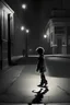 Placeholder: A boy playing on the street at midnight with his shadow