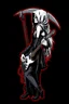 Placeholder: goth girl(dressed as the grim reaper) rockin' on the guitar, leaning back, dark background, red outline, vignette