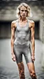 Placeholder: beautiful anorexic woman, total shot, short grey metallic triathlon swimsuit, short blond wavy bob hair, blurred concrete background