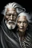 Placeholder: a photo of an White man and woman with ethnic jewelry, grey hair and grey flowing robe, in style of Annie Leibovitz, contemporary portrait of a mature yet beautiful and modernist, black and grey, detailed face, swirling fluid smokey enigma, award-winning artwork