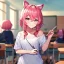 Placeholder: Clear focus, High resolution, a anime adult, cute, cartoony style, smiling, hair between eyes, holding a pencil, small forhead, female, medium length hair, long locks, lots of bangs, teacher, wearing a off shoulder shirt, no spaghetti straps, peach hair colour, kitsune ears down