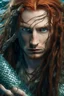 Placeholder: wet pirate nereid male with fish scale skin and seaweed highlights in long auburn hair