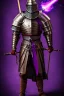 Placeholder: medieval Knight, violet color, high detail, sorcery, sparks, mechanical, plasma, treasure, weapons, slithery, legendary, castle, dragon, confident, proud, danger