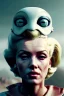 Placeholder: Ultra Realistic retro sci-fi scene, portrait, blonde woman, sweet young Marilyn Monroe face, perfect iris, tight latex coat, Strange planet background, Retro sci-fi style helmet, plants, birds, fog, rain, soft color, highly detailed, unreal engine 5, ray tracing, RTX, lumen lighting, ultra detail, volumetric lighting, 3d, finely drawn, high definition, high resolution.