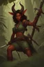 Placeholder: A DnD character. A female horned Tiefling ranger in a jungle. The Tiefling has a little dinosaur on her shoulder and a rapier in her hand.