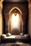 Placeholder: An Egyptian bedroom with arches, a big bed, cushions, rugs, lamps