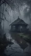 Placeholder: A swamp surrounded by bamboos long trees in cloudy, depressing, foggy, with a dim of light in the distance , there.is an abandoned cottage covered with leaves. A close look of strange scary creature sitting outside the cottage and black crows on the top of the cottage