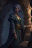 Placeholder: Dnd character in a dark cave. Leaning against a wall. A female Elf twilight cleric with super curly, super short, dark blue hair and golden eyes, wearing gray and dark green robes. Etheral, muscular, strong.