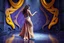 Placeholder: modern stage with gray-dark yellow blueish violet theme artistic decoration , color full dynamic lighting, a beautiful lady in maxi dress with shining silver jewels ,curvy long hair,dancing, 3D recursive fractal structure animating background