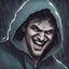 Placeholder: a closeup of a psychopathic young man with white eyes in a heavy coat and hood during a rainstorm laughing cartoon