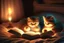 Placeholder: phosphorescent glowing cute soft chubby kittens in a bedroom, reading a book by candlelight on the bed