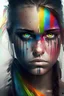 Placeholder: Beautiful girl with rainbow eyes, warrior, strong, sad, resilient, full body.