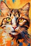 Placeholder: an abstract portrait painting with blurred and incomprehensible details, large strokes of bright colors, orange only smiling cat's face for the whole picture, in the bright rays of the sun