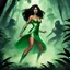 Placeholder: [art by Mil Mascaras] A cinematic medium shot of a jungle girl fighting off aliens. She is wearing a green dress and has long, dark hair. The aliens have large, round eyes and are wearing metallic suits. The background is a dense jungle with tall trees. There is smoke rising from the ground near the aliens. Also JUNGLE GIRL FIGHTS OFF THE ALIENS which was a title I borrowed.