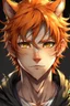 Placeholder: A young adult male human, cat ears, orange messy hair anime realistic tiger stripes