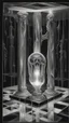 Placeholder: portrait of a square pillar with a grim reaper bulb in the foot, and mirrors reflecting light like crazy lazers bouncing against the sides up into a square crystal block head at the top, in the style of Escher and Giger