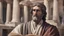 Placeholder: realistic Photo Tertullian in Athens, discussing and reading from scrolls, hd, 4k, handsome, detailed face, the cross