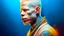 Placeholder: albino man with tattoo in the style of afrofuturism, wealthy portraiture, colorful, kimoicore, harlem renaissance, atmospheric, vibrant color washes