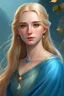 Placeholder: silmarillion, female elf princess, young woman, cute face, high cheekbones, azure blue eyes, long honey blonde hair, light eyebrows, light blue dress