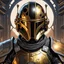 Placeholder: star wars bald male corellian pilot wearing pearlescent black and gunmetal grey First Order special forces heavy assault stealth commando armor and helmet with gold trim inside the jedi temple, hyperdetailed, dynamic lighting, hyperdetailed background, 8k resolution, volumetric lighting, light skin, fully symmetric details