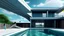 Placeholder: Modern architectural design with a swimming pool in the foreground. Futuristic luxury and minimalist design on a cloudy day. In the foreground, at the edge of the pool, is a female figure in a bikini with her back to the camera.