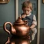 Placeholder: The reflection of a child on the surface of an old copper teapot