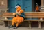 Placeholder: Half parrot half human in a 1700s Orange Dutch uniform siting on a bench in a Dutch city eating a loaf of bread