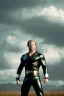 Placeholder: retro portrait image from 1960, sky background, wind, extra long blonde hair, fighting stance, young Chris Hemsworth, clean shave face, black dress, classic long tight lycra black suit, big red cap, silver latex with scales on the arms, gold bracelet and belt, high boots, soft color, highly detailed, unreal engine 5, ray tracing, RTX, lumen lighting, ultra detail, volumetric lighting, 3d, finely drawn, high definition, high resolution.