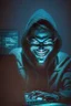 Placeholder: or how about: hacker in the dark with glasses using computer with evil smile