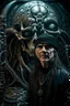 Placeholder: portrait of crazy art pirate thief in front of insane painting in the style of giger, 4 k, down light, depth of field, trending on art station, high detail, cracked ground