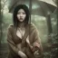 Placeholder: wonderfull japanese woman, big chest, in rain, portrait, viking costume, village, meditation, woods, cyberpunk, 8k quality