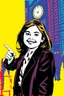 Placeholder: beautiful girl pointin to the stock exchange in the style of warhol abstract