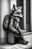 Placeholder: One single mature homeless fox with worn out clothes, sitting in a corner on the street, guitar standing on the left side, Vienna, mourning, model style, hyper realistic, extremely accurate, delicate, extremely detailed, Graphic novel style, wide-angle, open aperture, superfine pencil