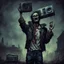 Placeholder: Undead rotting zombie (holding up a boombox over his head:1.9) like scene in movie "Say Anything", romantic gothic horror atmosphere, digital art, moody, dramatic, midnight zombie serenade