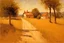 Placeholder: sunny day, mountains, trees, dirt road, countryside, nostalgy influence, adobe house, alfred stevens and ludwig dettman impressionism paintings