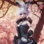 Placeholder: Detailed cute anime rabbit girl, pink hair buns, pink bangs, black latex bodysuit, intricate details, full body portrait, keep head in frame, slight smile, black Japanese motif, concept art, highly detailed, digital painting, concept art, sharp focus, illustration, art by Yoji Shinkawa, WLOP and greg rutkowski and alphonse mucha and artgerm and yanjun Chen and Junji ito and Makoto Shinkai, HDR, octane render