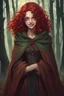 Placeholder: Evil sadistic eighteen-year-old girl, green eyes, blood-red curls, dressed in a brown cloak, smiling in the middle of the forest