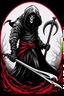 Placeholder: hooded Grim-Reaper gripping scythe, vignette, black and white graphic novel style with a red outline, and black background,