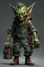 Placeholder: 4K image, neutral grey background, photorealistic digital art style, image of a green goblin in overalls made of greasy dirty rags, oversized leather work boots, carrying a dirty wooden tool case filled with random hand tools, very large pointy ears, small beady red eyes, head is wider than it is tall, has a devious grin,beat up cap on head, primate body proportions and posture, nose very long large, bald, Tony DiTerlizzi artstyle, Warhamer 40K grot style