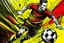 Placeholder: Classic [soccer player with a ball] bursting through the screen, thick black outlines, comic book aesthetic, dark [yelow and red] background infusing towards the edges, creating an illusion of motion, dramatic lighting, digital illustration, ultra vibrant colors