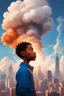 Placeholder: portrait in profile of a young African American boy with an orange conedison his head. Large clouds of steam rise from the end of the cone on his head. With New York in the background. Made in the style of "Spider-Man: Into the Spider-Verse"