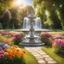 Placeholder: A romantic, bright place with a bench and fountain, lots of colorful flowers all on a sunny meadow. Water flows from the fountain