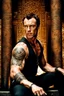 Placeholder: Toby Stephens as muscular man with short hair and tribal tattoos and piercings. sitting, realistic face, close-up, modern fantasy, intricate details, hyper detailed