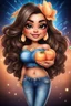 Placeholder: create an airbrush illustration of a chibi cartoon curvy polynesian female wearing Tight blue jeans and a peach off the shoulder blouse. Prominent make up with long lashes and hazel eyes. She is wearing brown feather earrings. Highly detailed long black shiny wavy hair that's flowing to the side. Background of a night club.